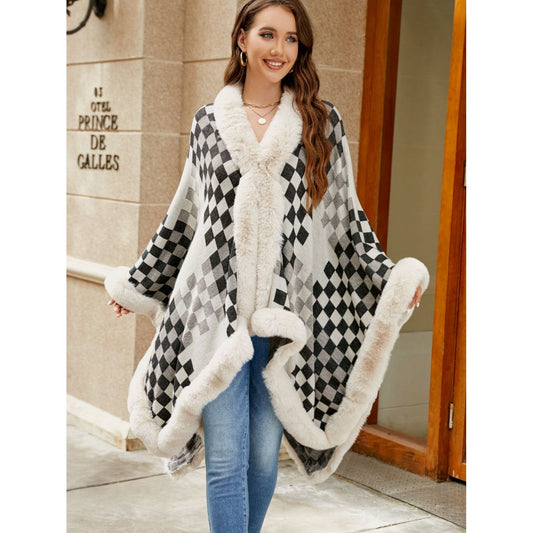 Checkered Faux Fur Trim Poncho