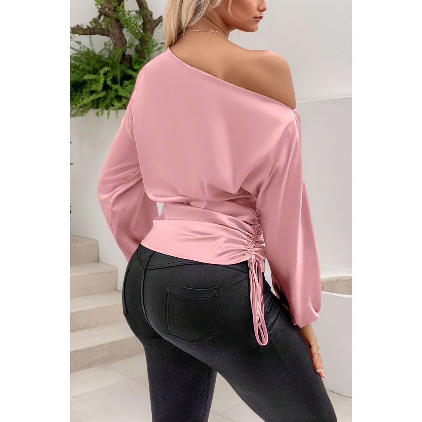 Drawstring One Shoulder Long Sleeve Blouse