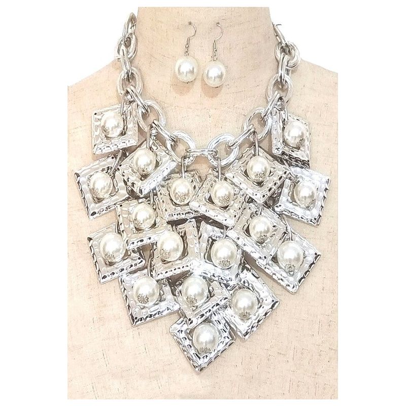 Layered Flat Square Link Fringe Pearl Necklace Set