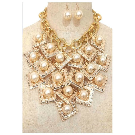 Layered Flat Square Link Fringe Pearl Necklace Set