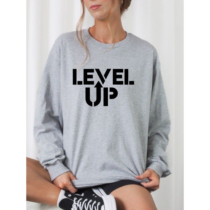 Black Print Level Up Graphic Crew Sweatshirt