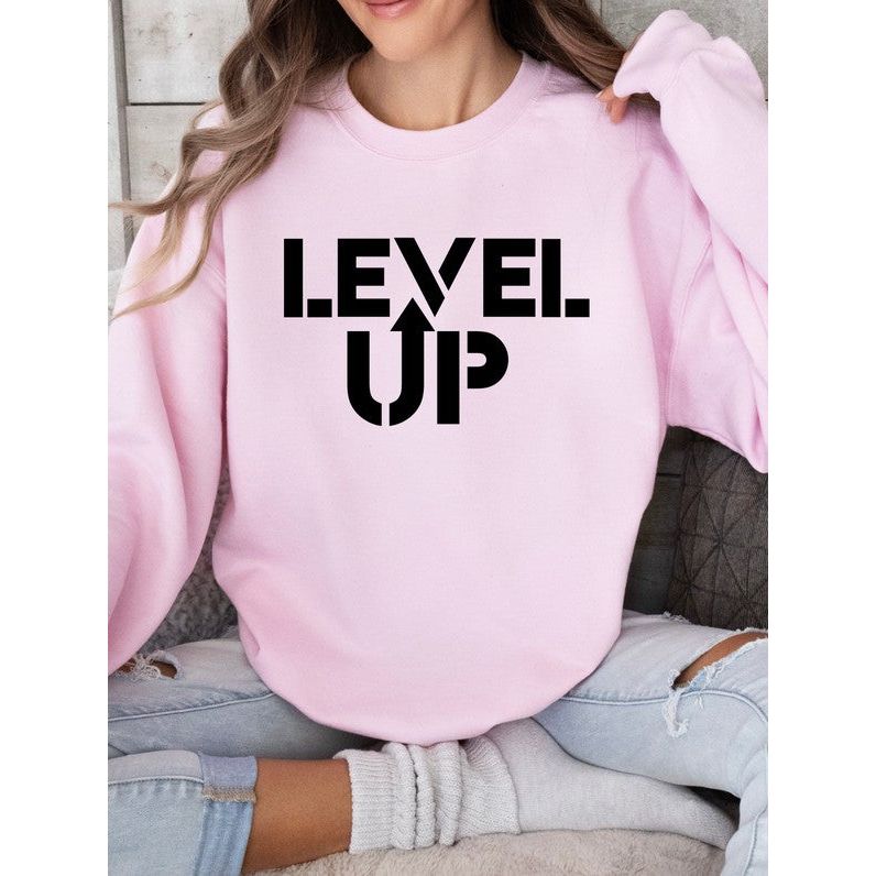 Black Print Level Up Graphic Crew Sweatshirt