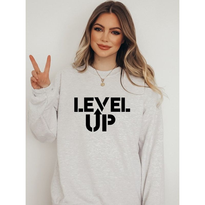 Black Print Level Up Graphic Crew Sweatshirt