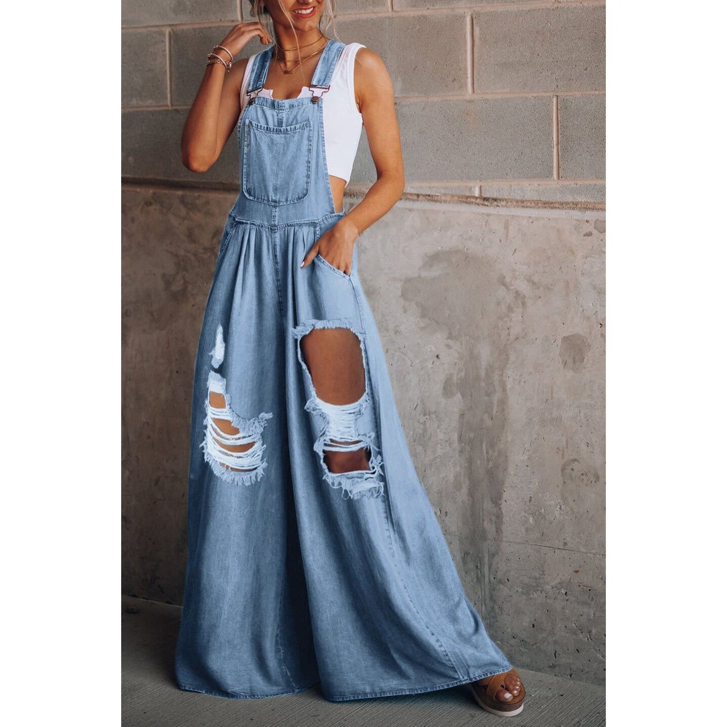 Distressed Wide Leg Denim Overalls - TiffanyzKlozet