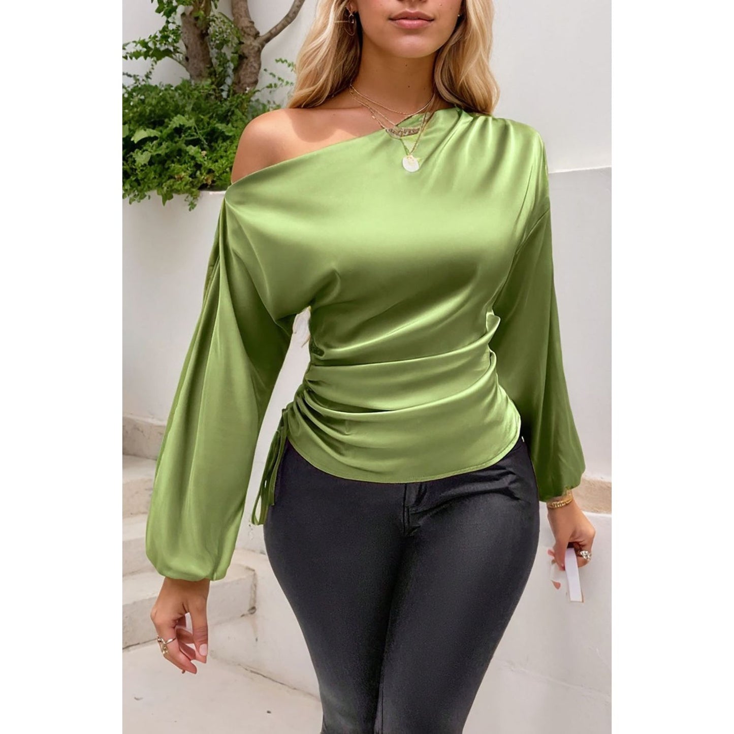 Drawstring One Shoulder Long Sleeve Blouse