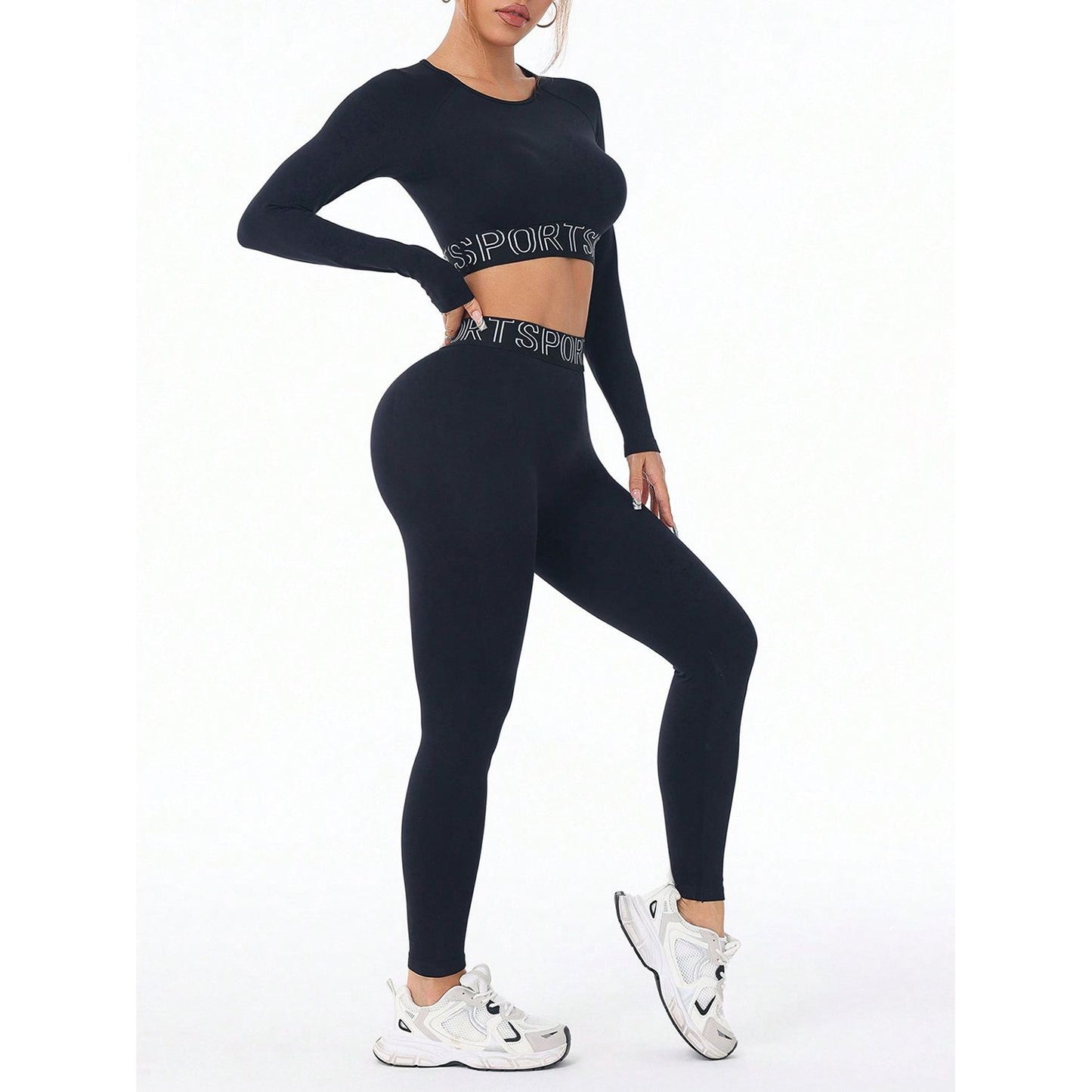 Letter Print Round Neck Long Sleeve Top and Leggings Active Set