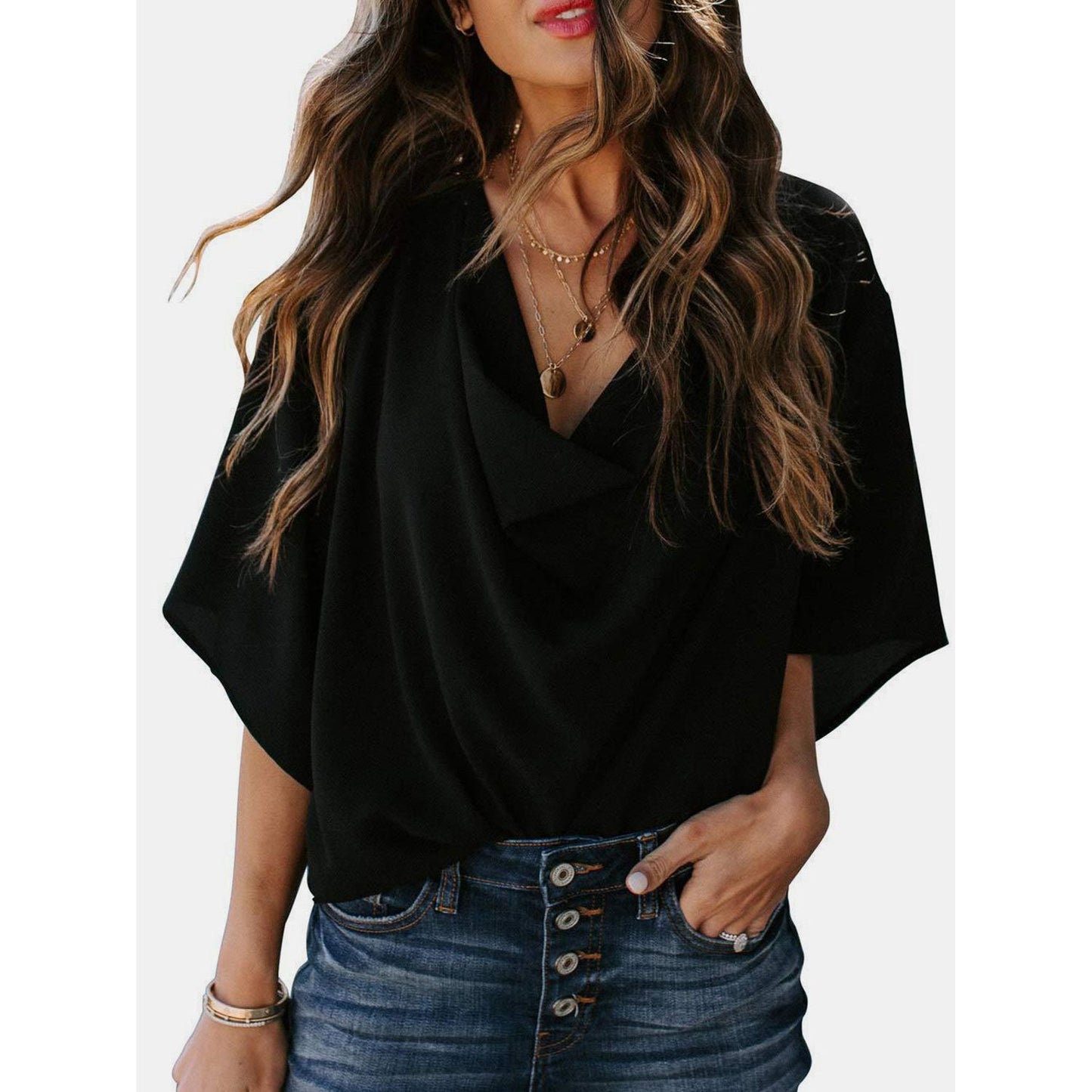 Full Size Cowl Neck Three-Quarter Sleeve Blouse - TiffanyzKlozet