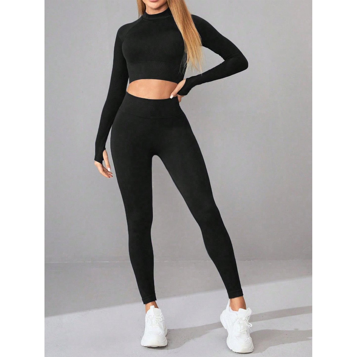 Mock Neck Long Sleeve Top and Leggings Active Set