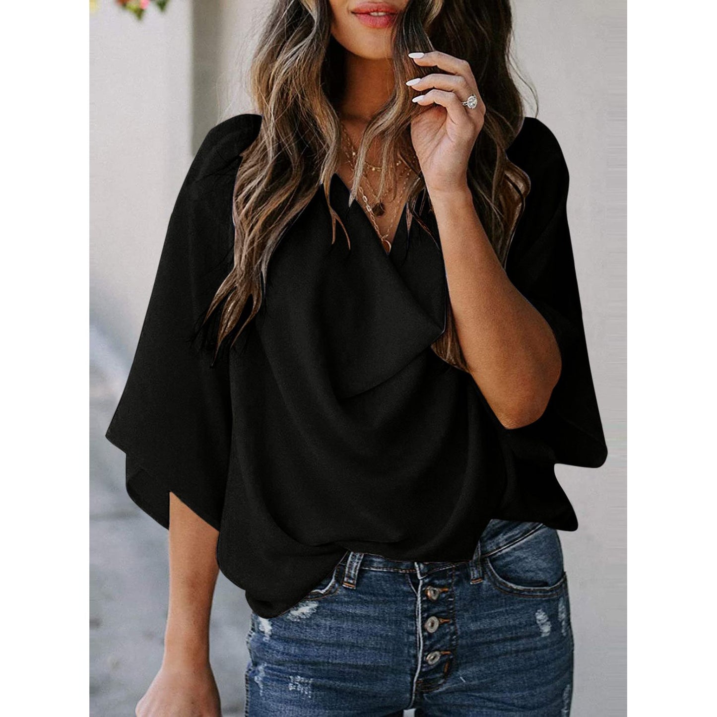 Full Size Cowl Neck Three-Quarter Sleeve Blouse - TiffanyzKlozet