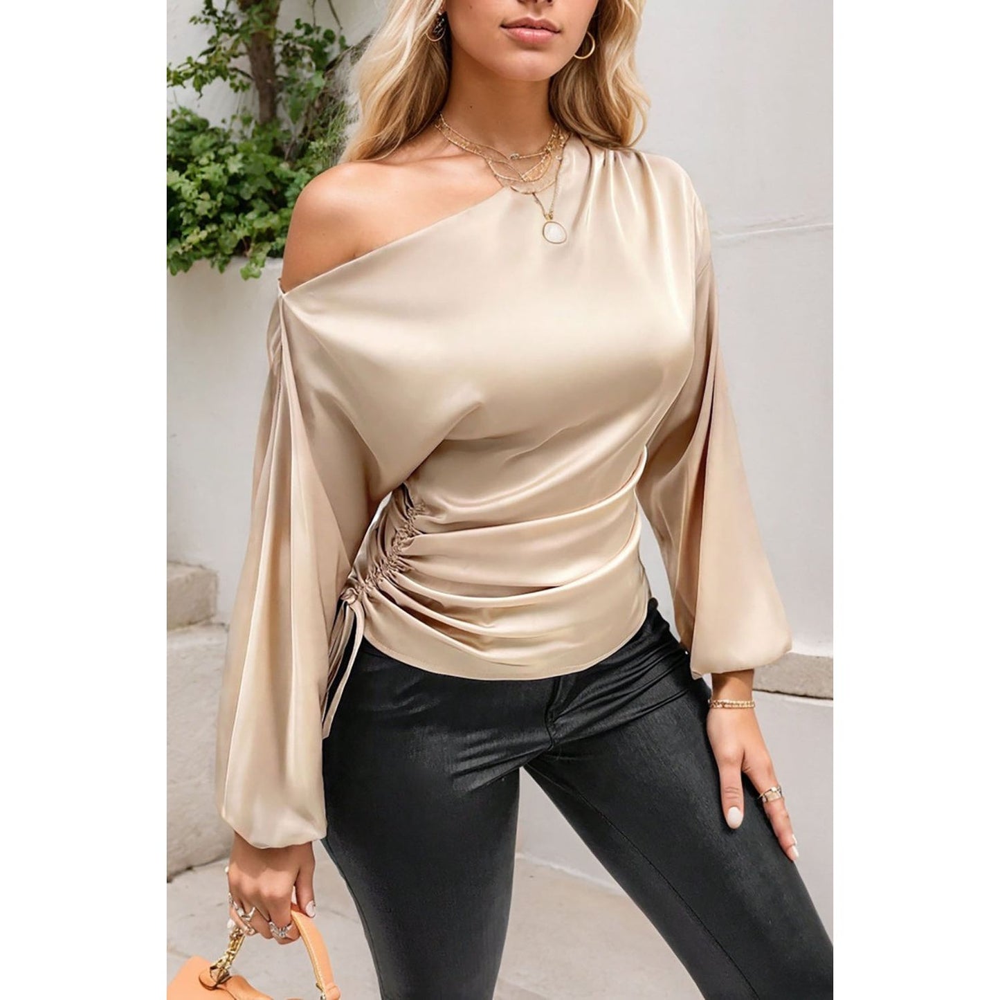 Drawstring One Shoulder Long Sleeve Blouse