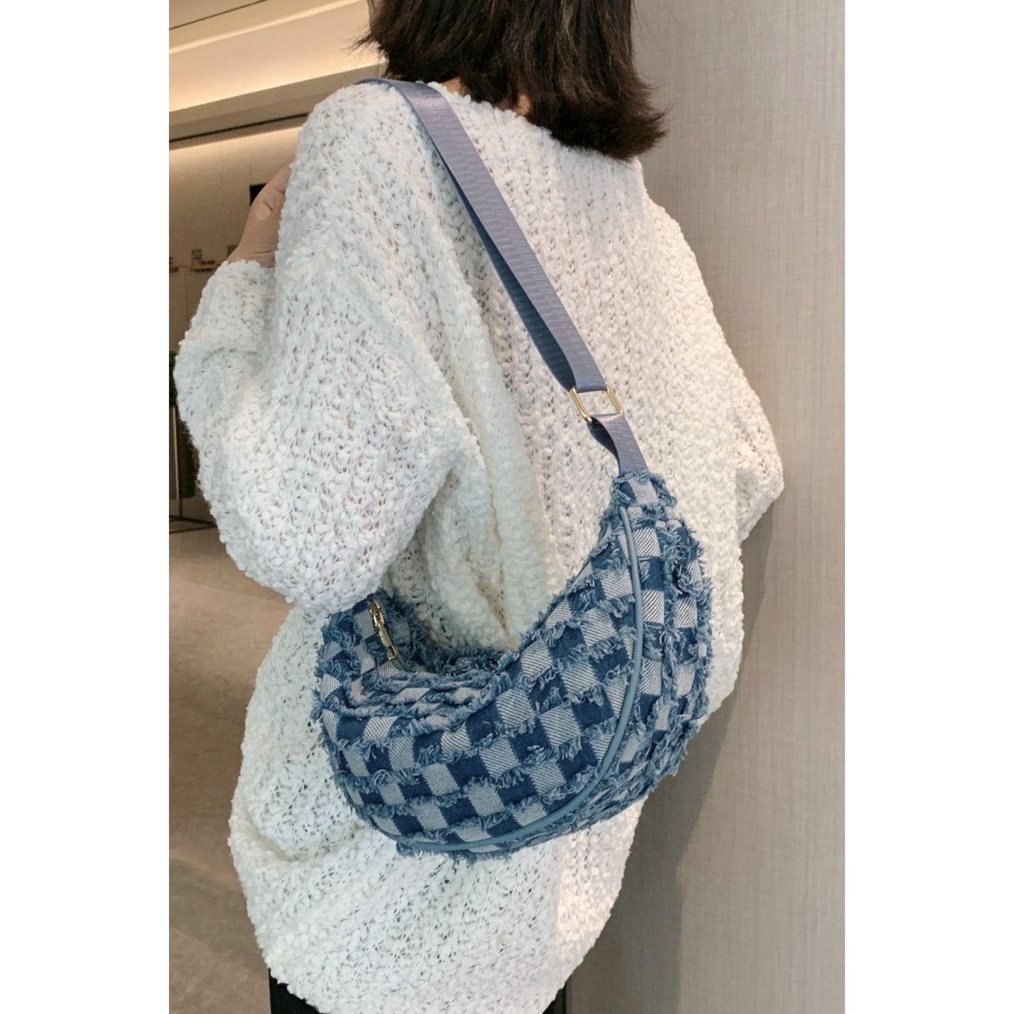 Raw Hem Checkered Denim Crossbody Bag