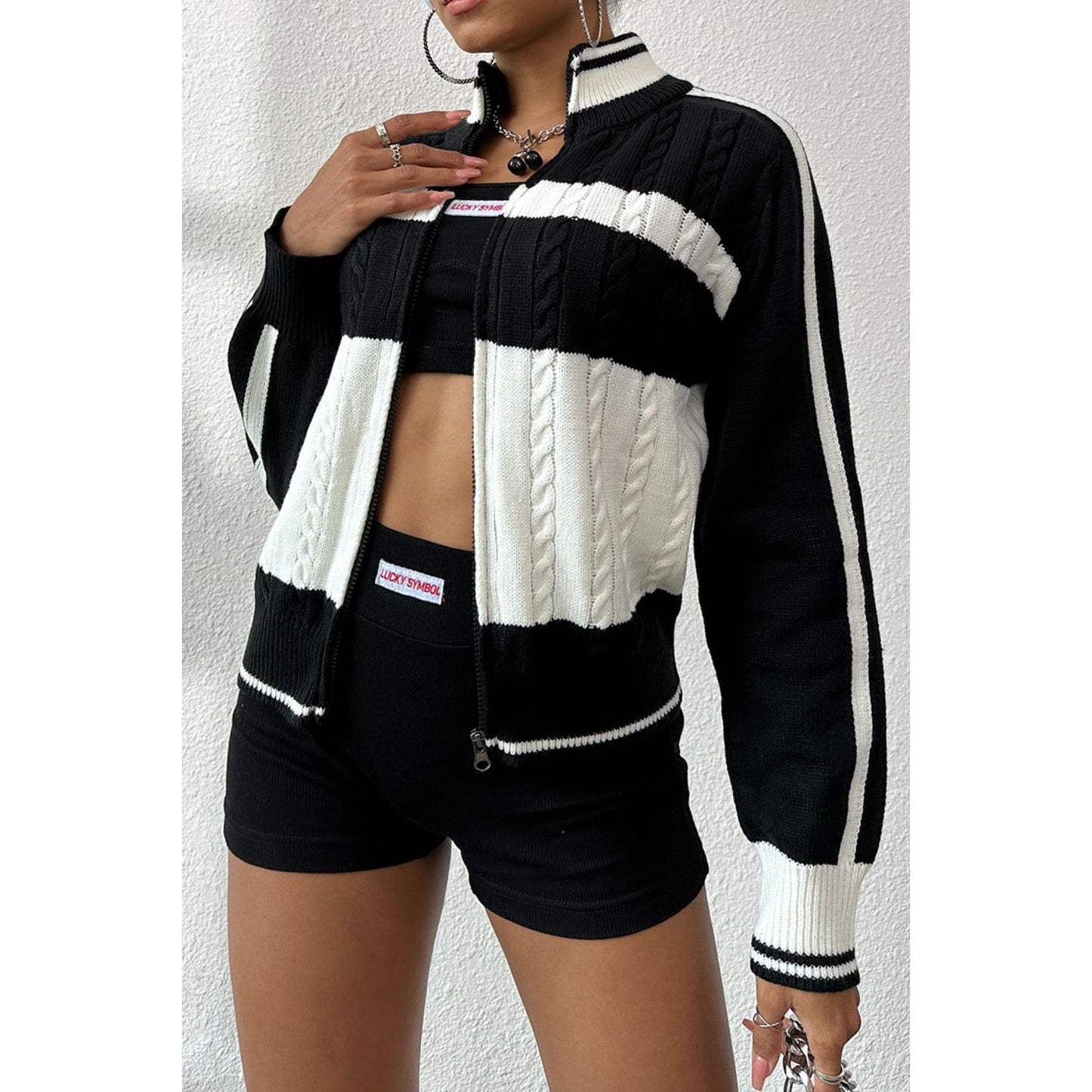 Cable-Knit Color Block Raglan Sleeve Cardigan