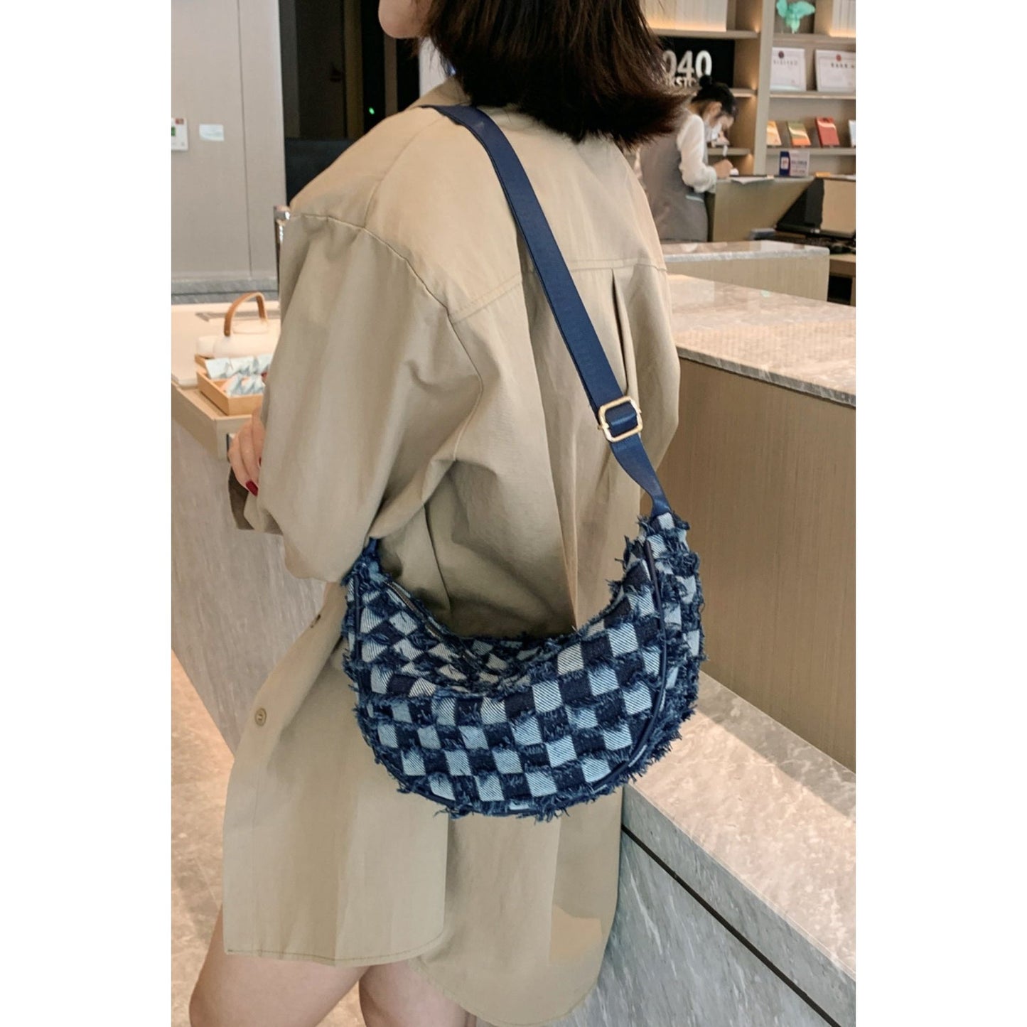 Raw Hem Checkered Denim Crossbody Bag