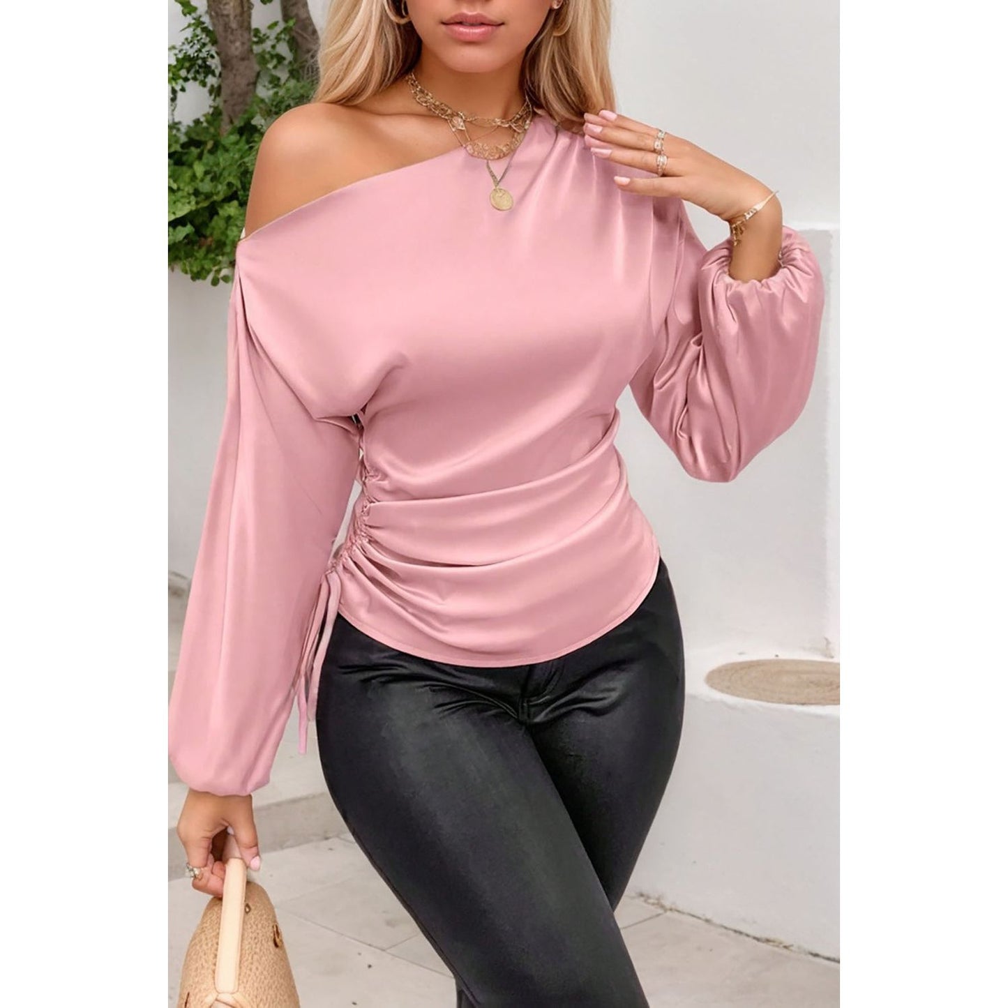 Drawstring One Shoulder Long Sleeve Blouse