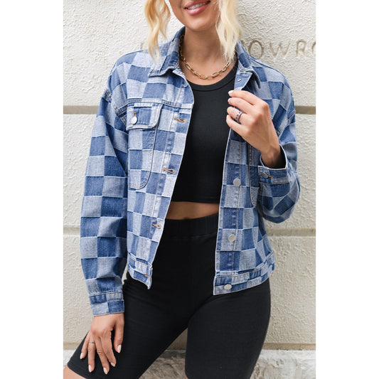 Checkered Button Up Long Sleeve Denim Jacket