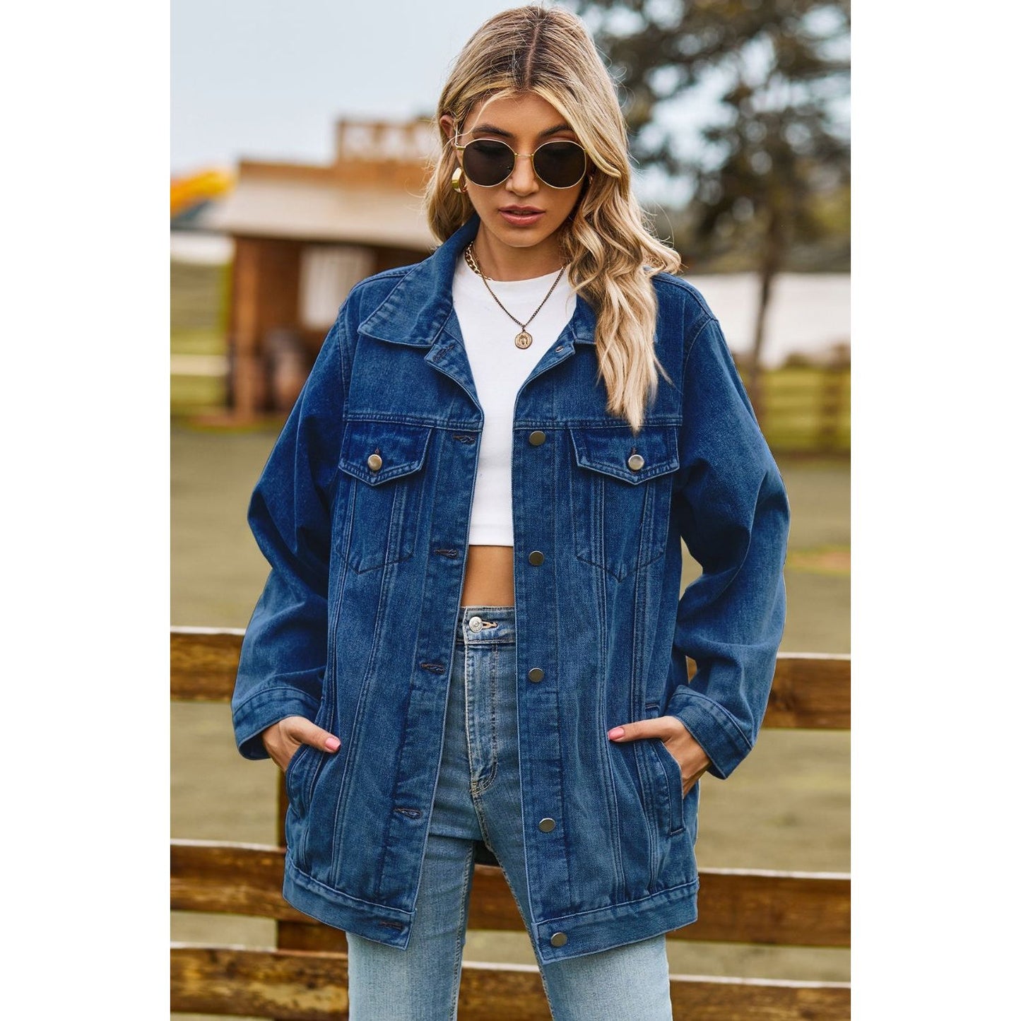 Buttoned Collared Neck Denim Jacket with Pockets