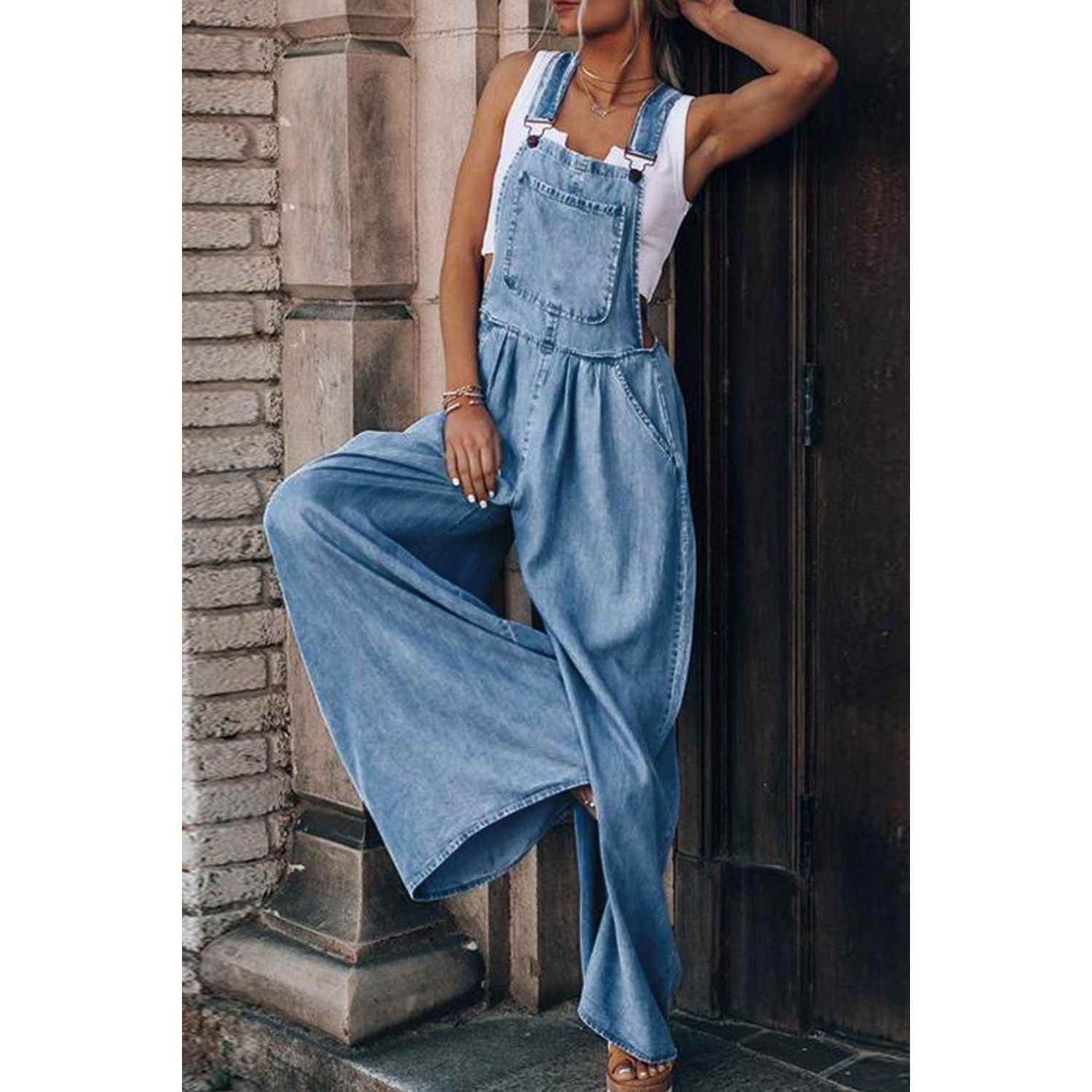 Distressed Wide Leg Denim Overalls - TiffanyzKlozet