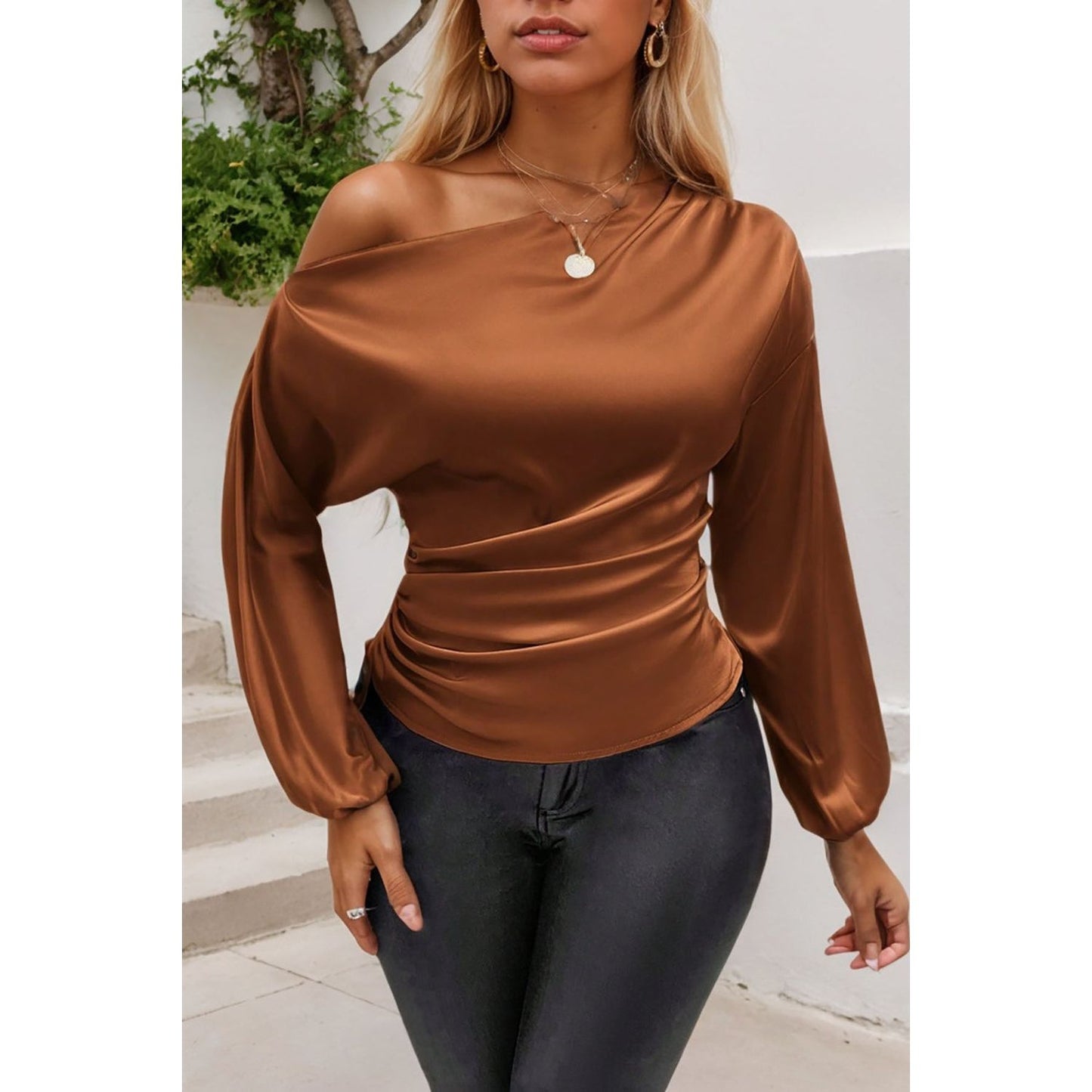 Drawstring One Shoulder Long Sleeve Blouse