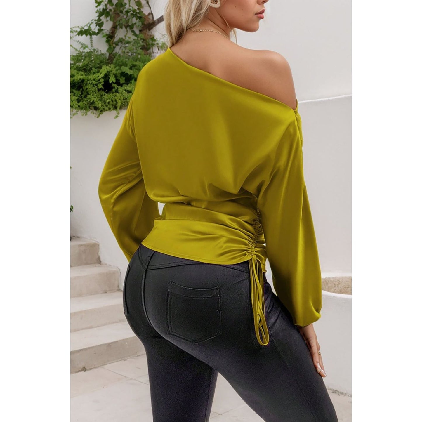 Drawstring One Shoulder Long Sleeve Blouse