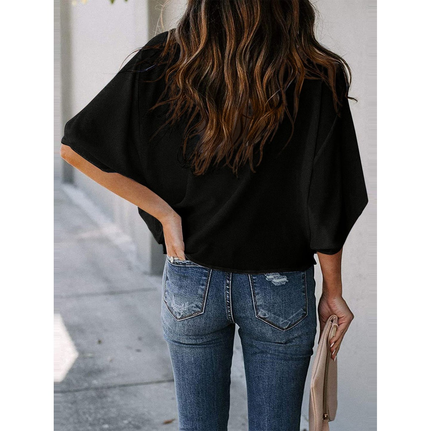 Full Size Cowl Neck Three-Quarter Sleeve Blouse - TiffanyzKlozet