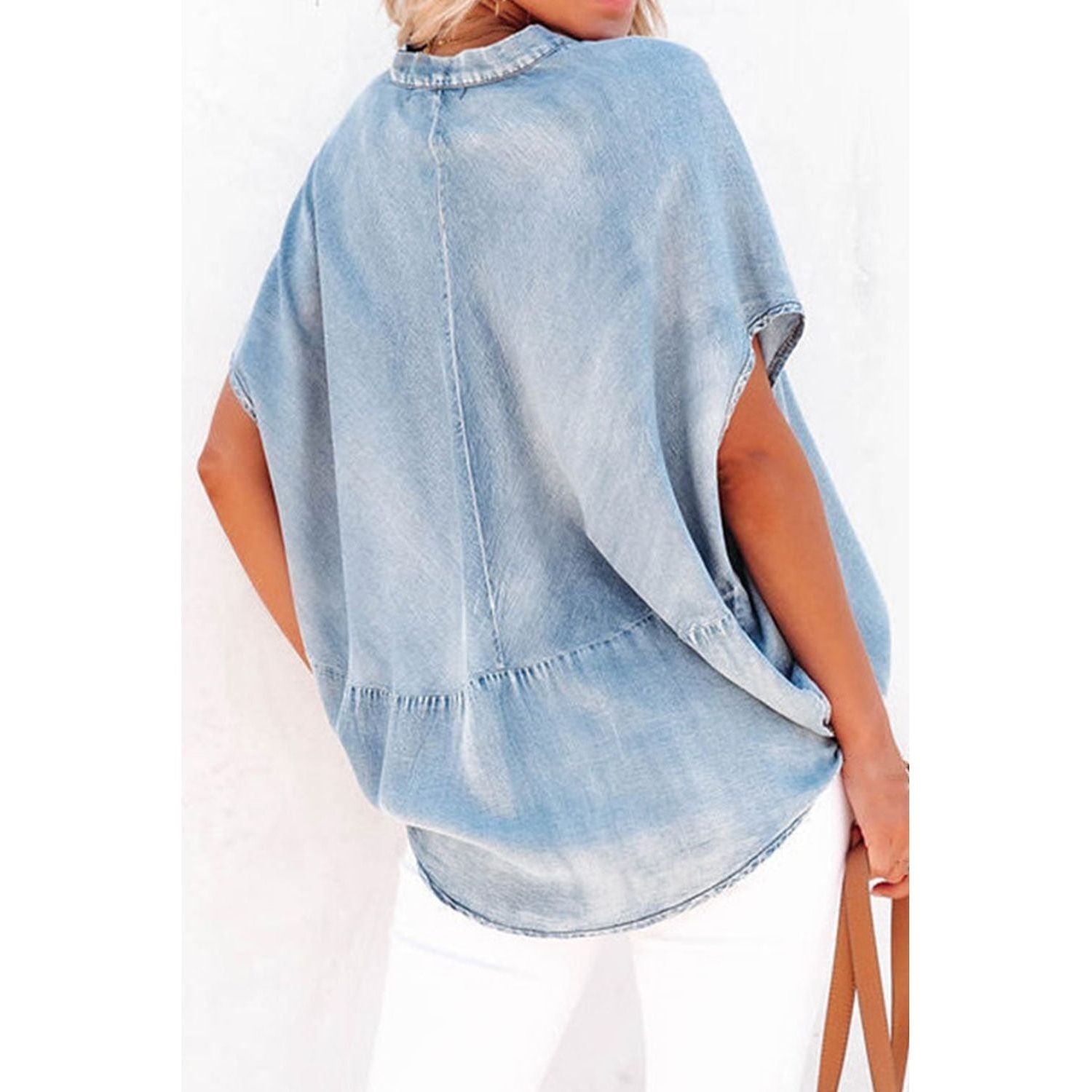 Notched Short Sleeve Denim Top - TiffanyzKlozet