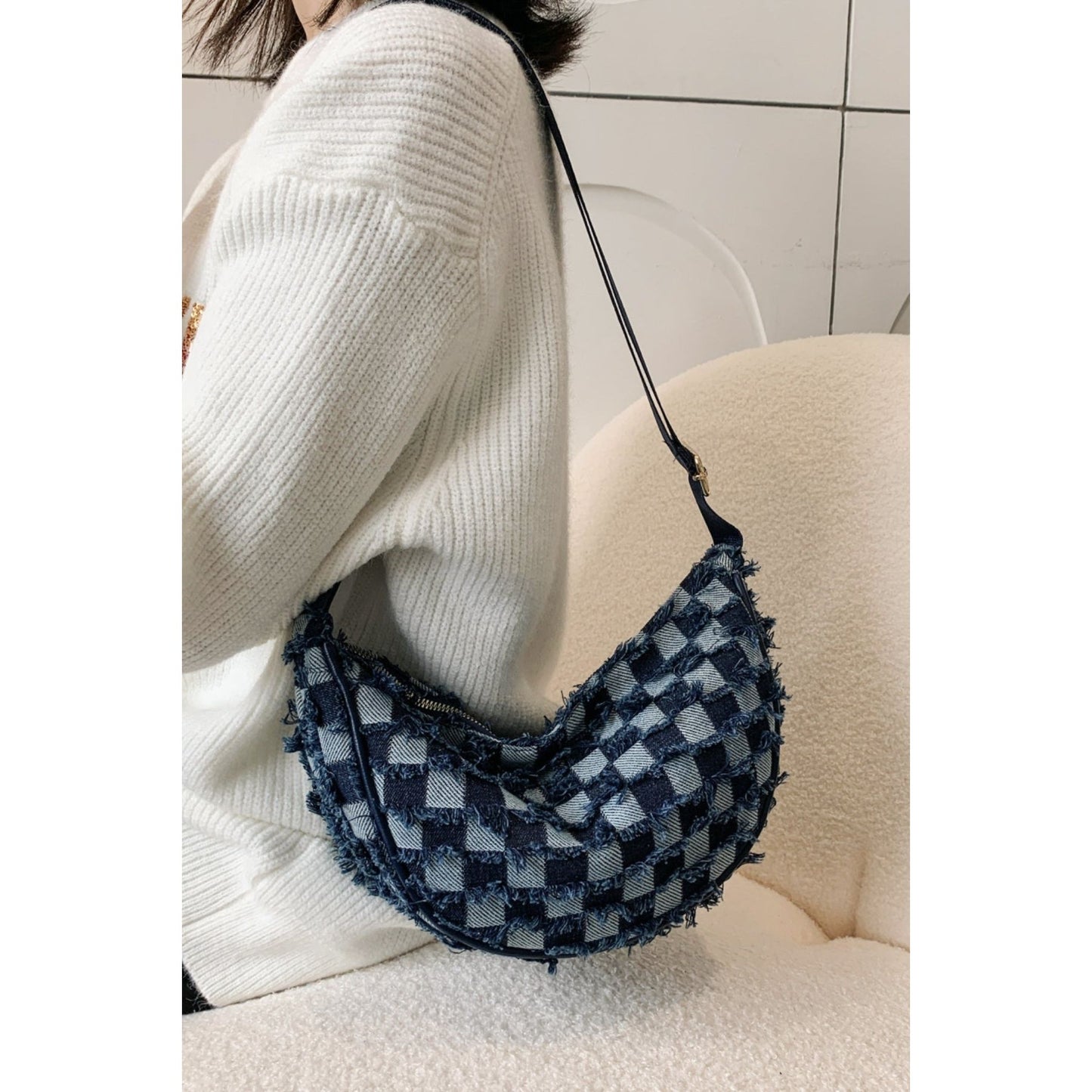 Raw Hem Checkered Denim Crossbody Bag