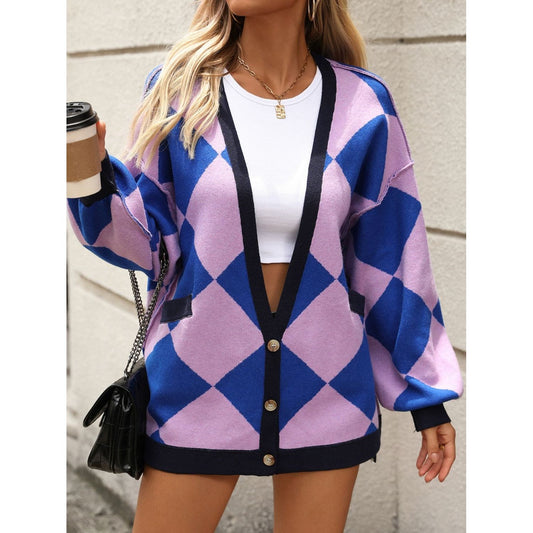 Checkered Dropped Shoulder Long Sleeve Cardigan