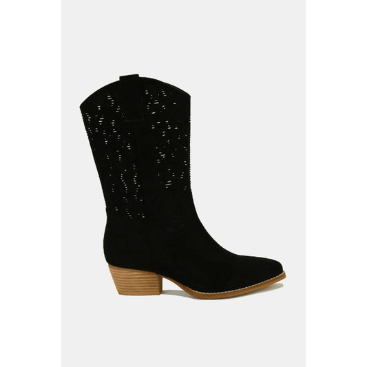 Beast Fashion Faux Suede Laser Cut Detail Block Heel Boots