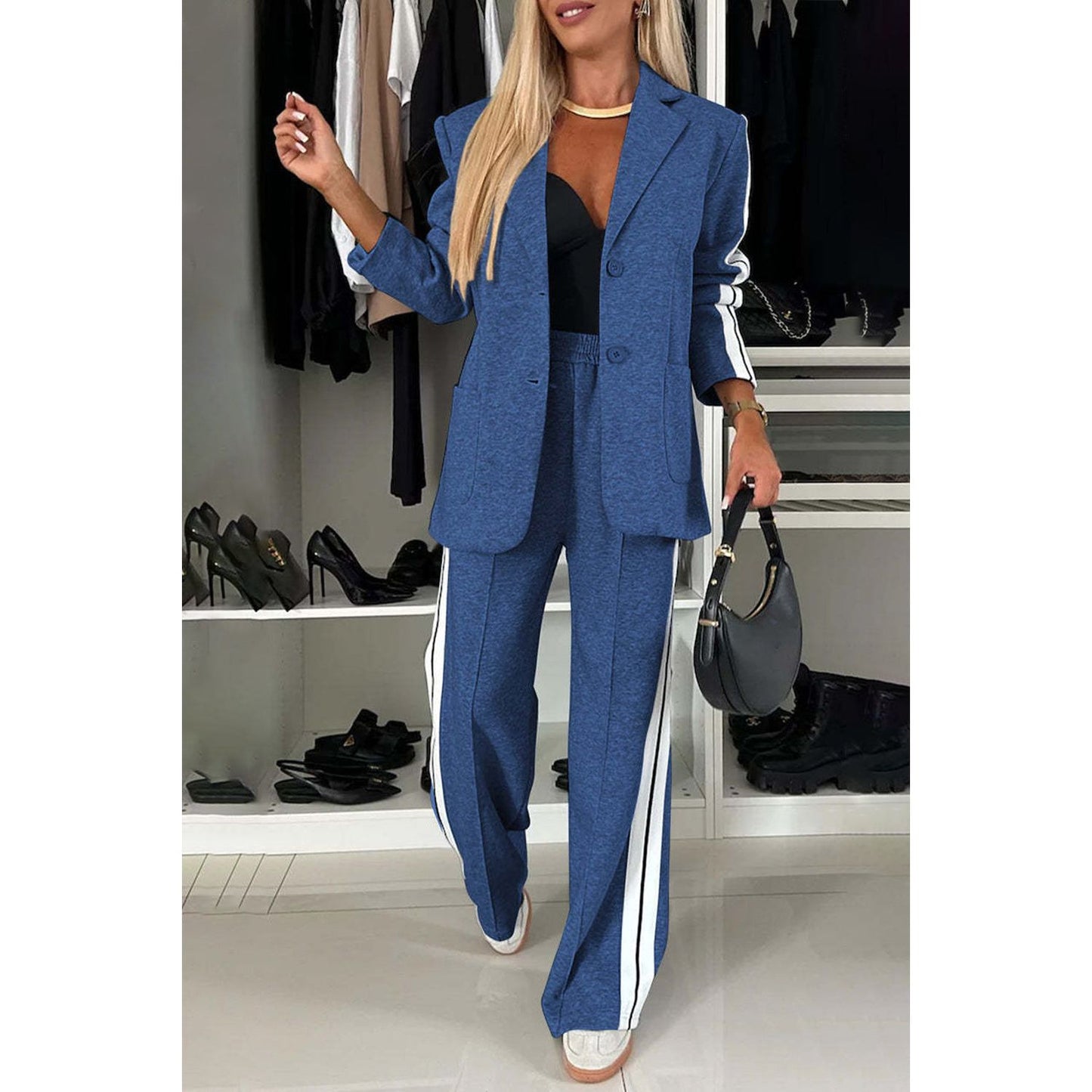 Full Size Contrast Lapel Collar Top and Pants Set