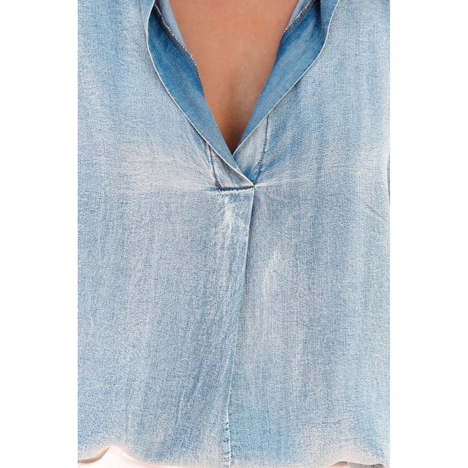 Notched Short Sleeve Denim Top - TiffanyzKlozet