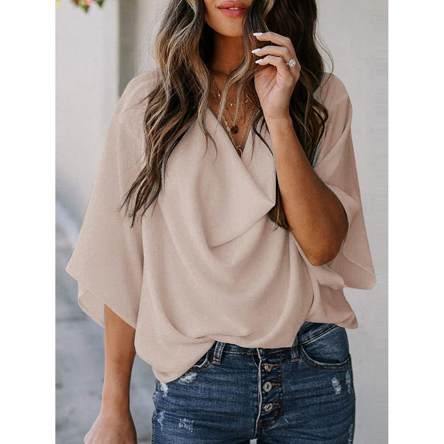 Full Size Cowl Neck Three-Quarter Sleeve Blouse - TiffanyzKlozet