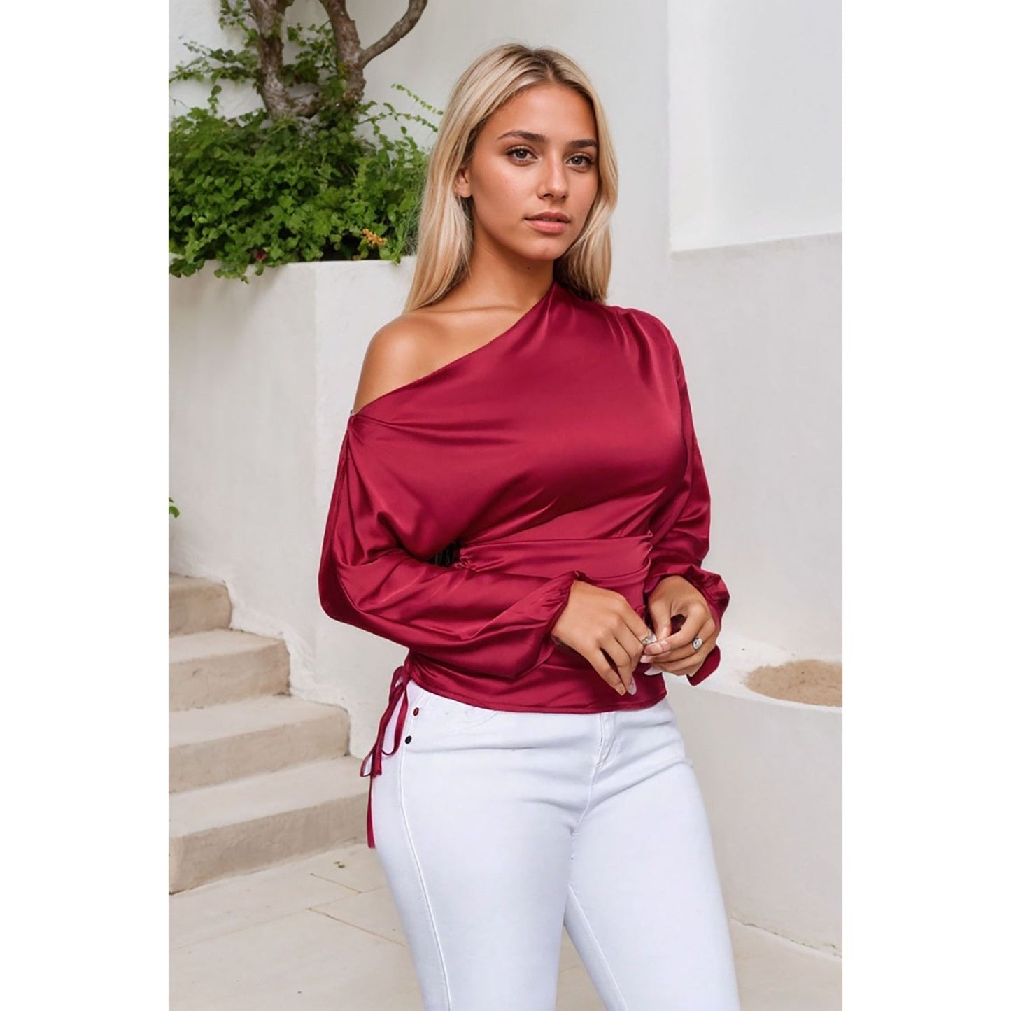 Drawstring One Shoulder Long Sleeve Blouse