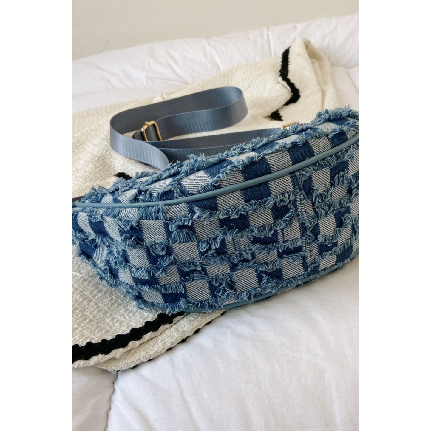 Raw Hem Checkered Denim Crossbody Bag