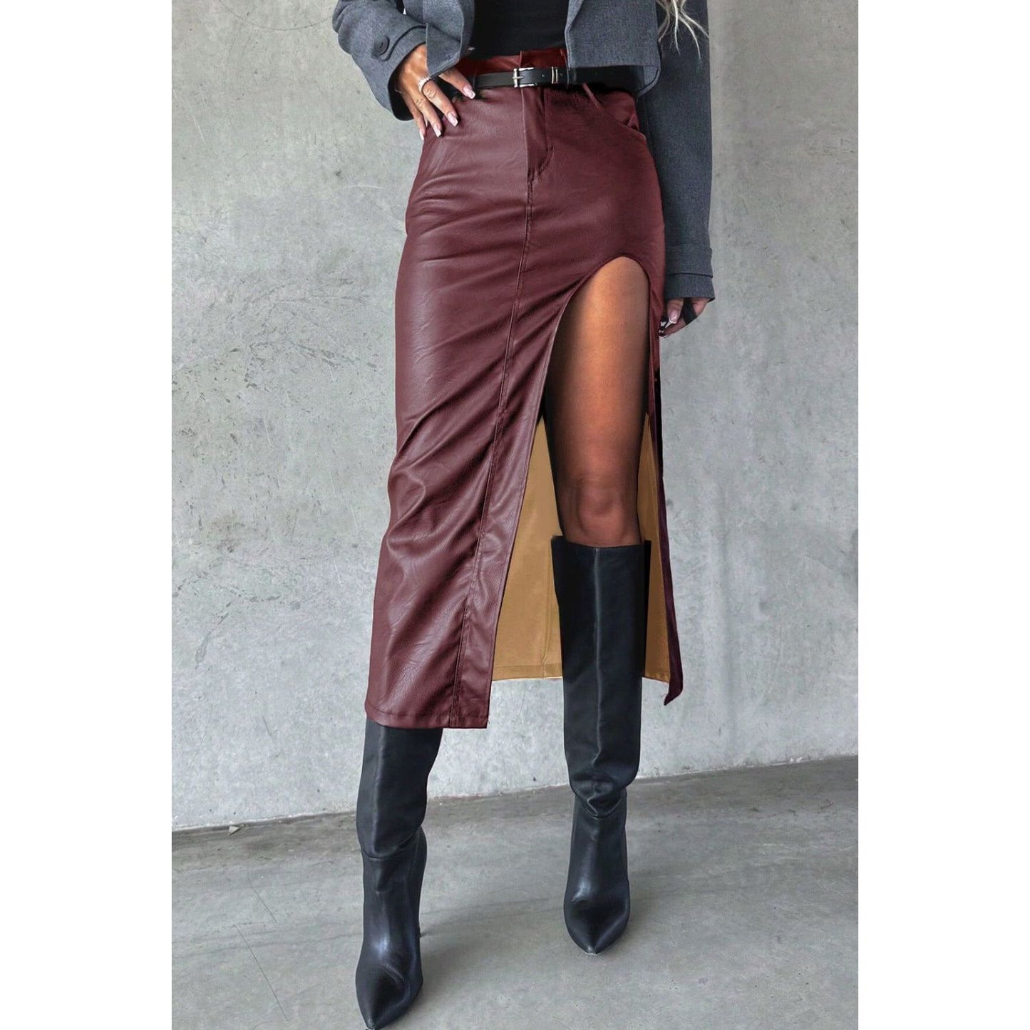 Slit Midi Skirt with Pockets