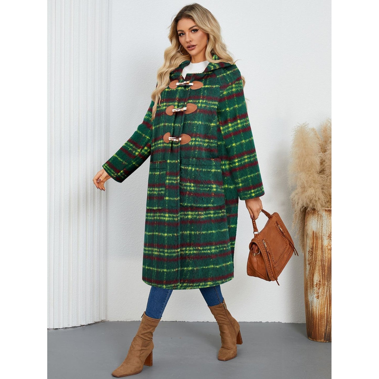 Plaid Long Sleeve Hooded Coat with Pockets