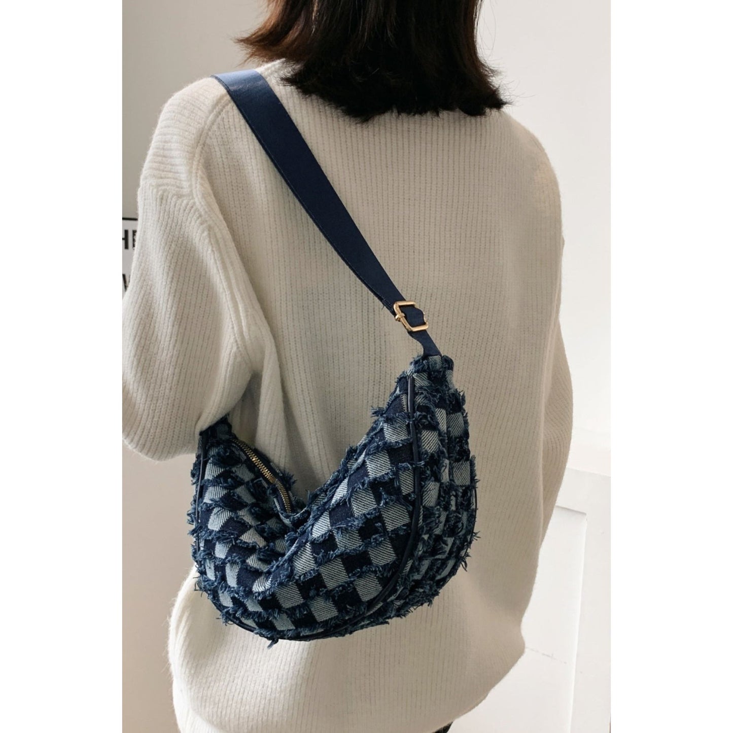 Raw Hem Checkered Denim Crossbody Bag