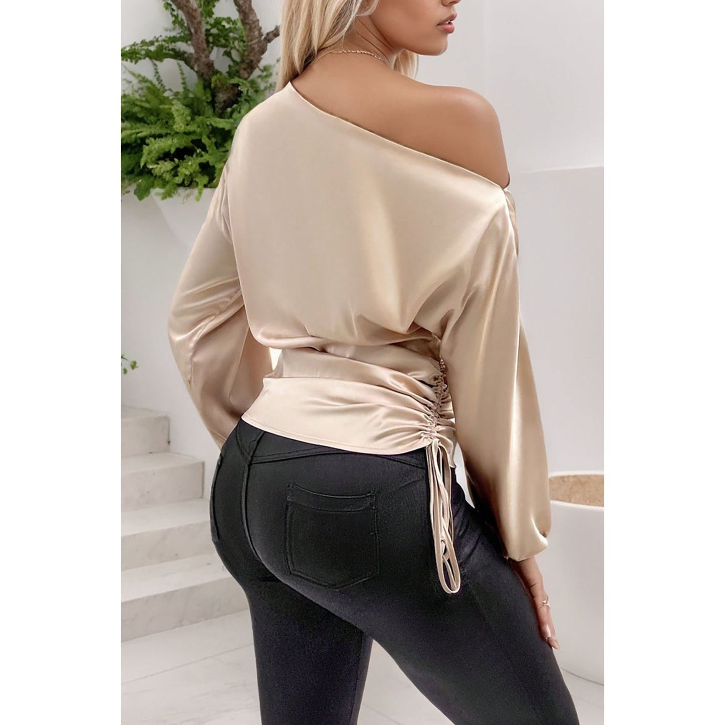 Drawstring One Shoulder Long Sleeve Blouse