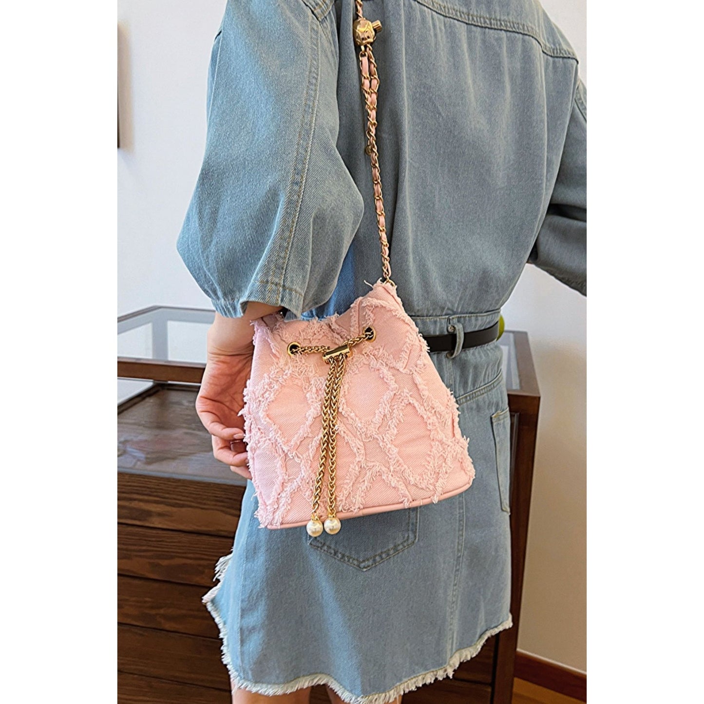 Chain Drawstring Raw Edge Denim Bucket Bag