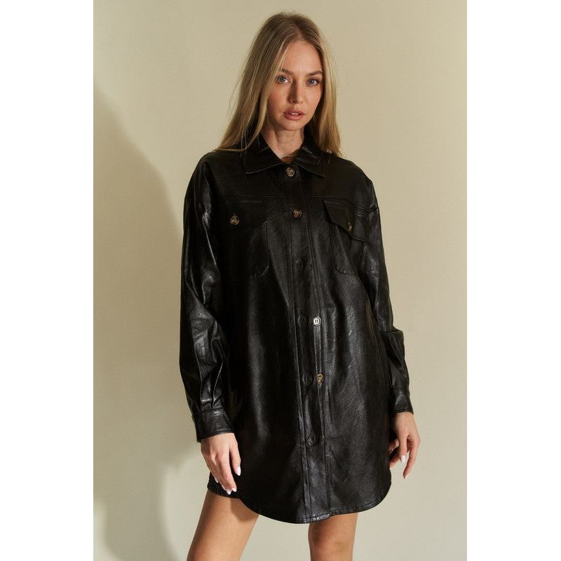 Davi & Dani Faux Leather Button Up Jacket with Chest Pockets