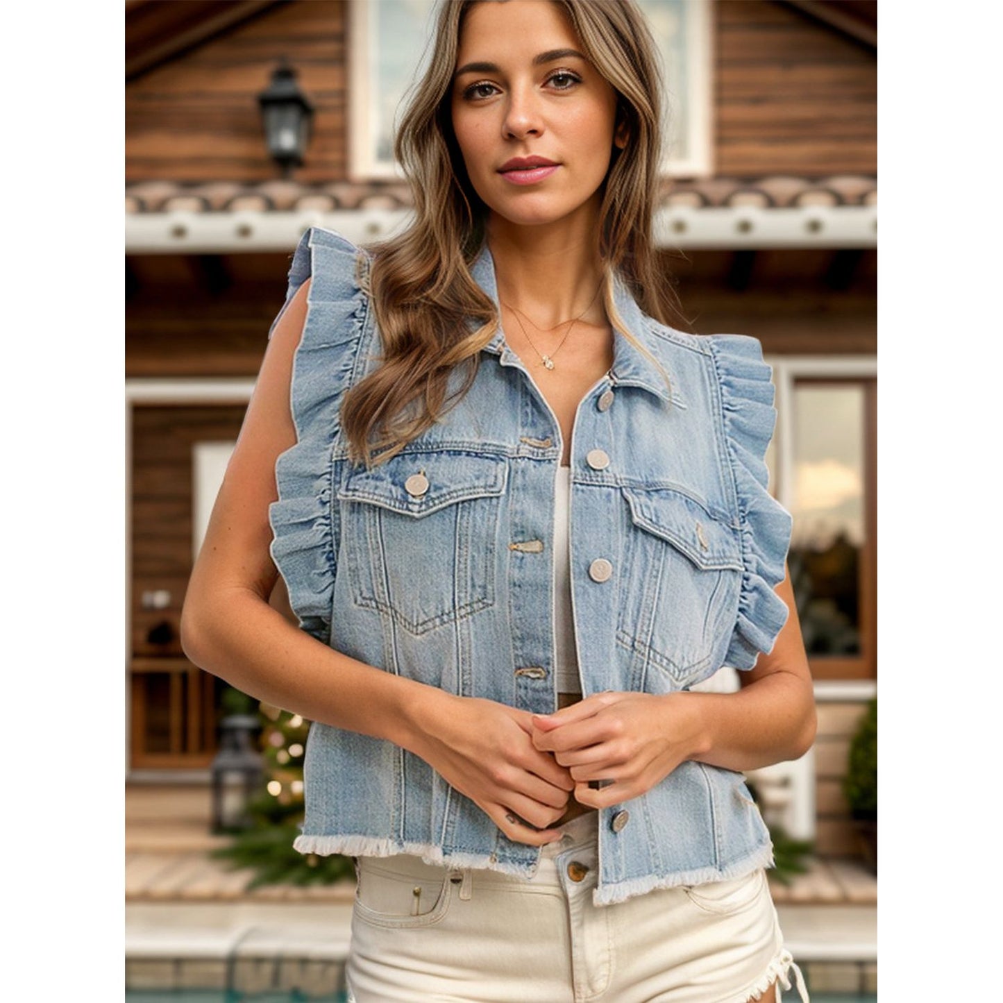 Raw Hem Ruffled Cap Sleeve Denim Jacket - TiffanyzKlozet