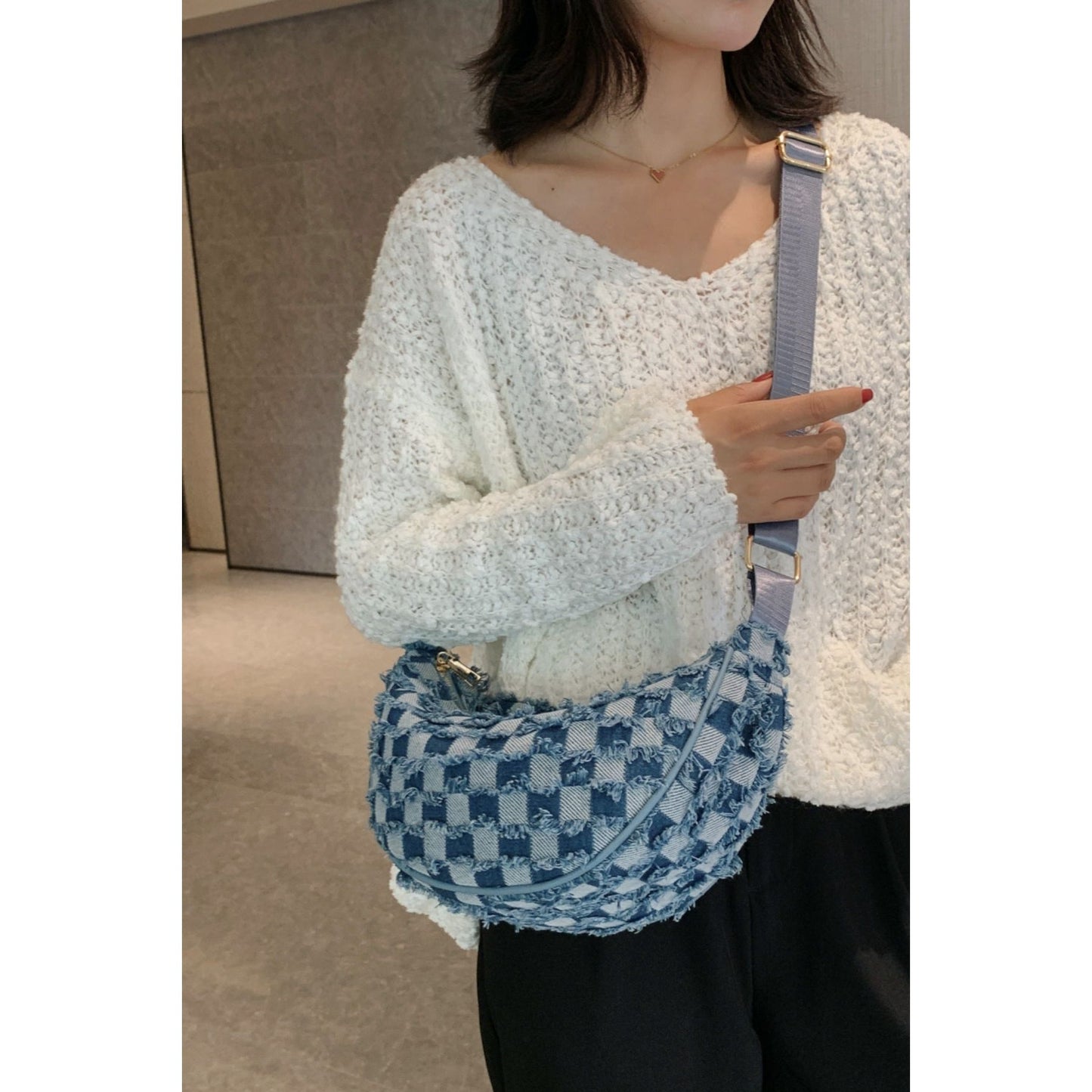 Raw Hem Checkered Denim Crossbody Bag