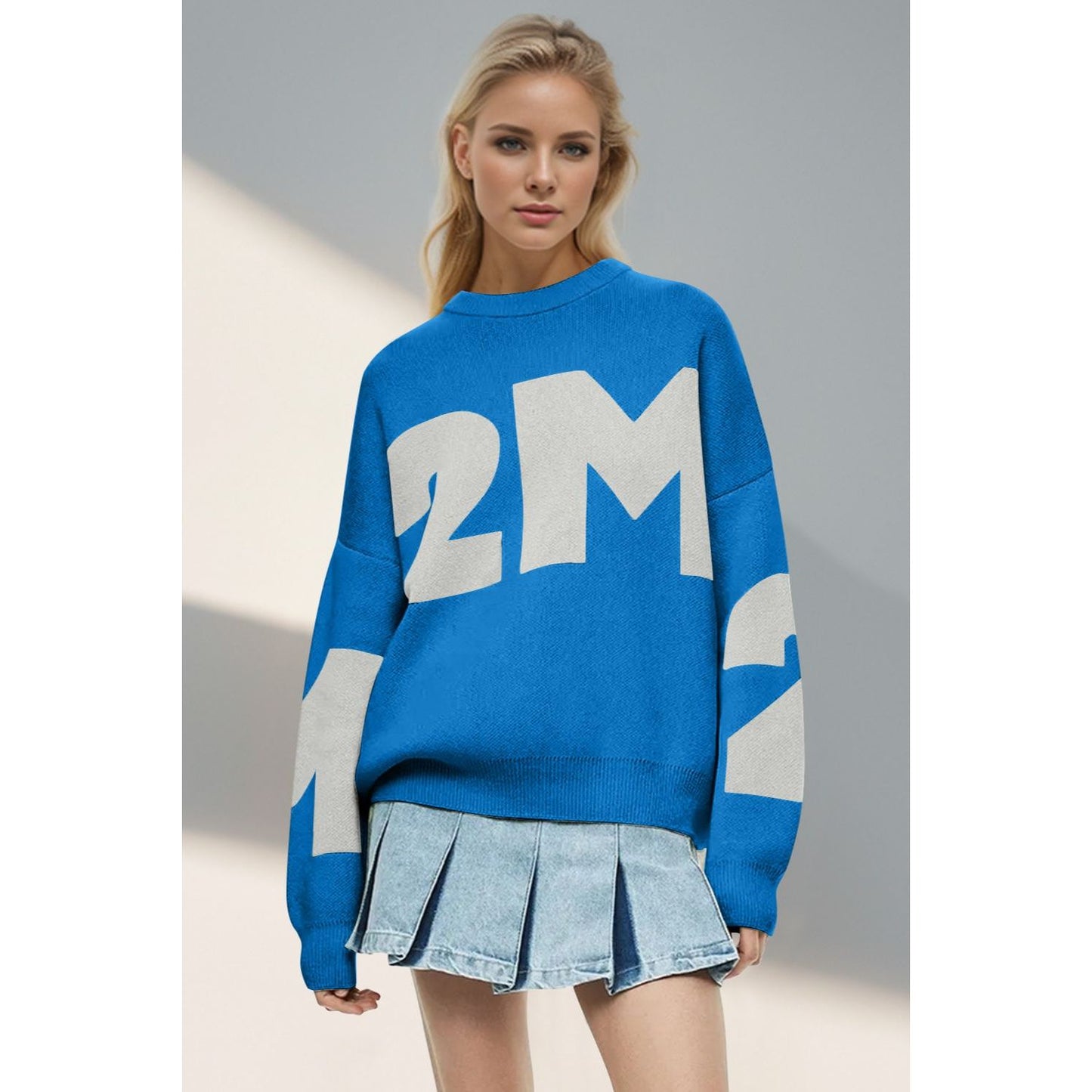 Basic Bae Contrast Letter Round Neck Long Sleeve Sweater