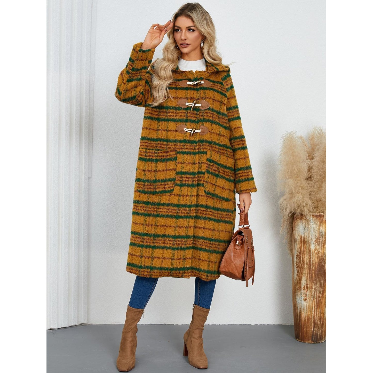 Plaid Long Sleeve Hooded Coat with Pockets