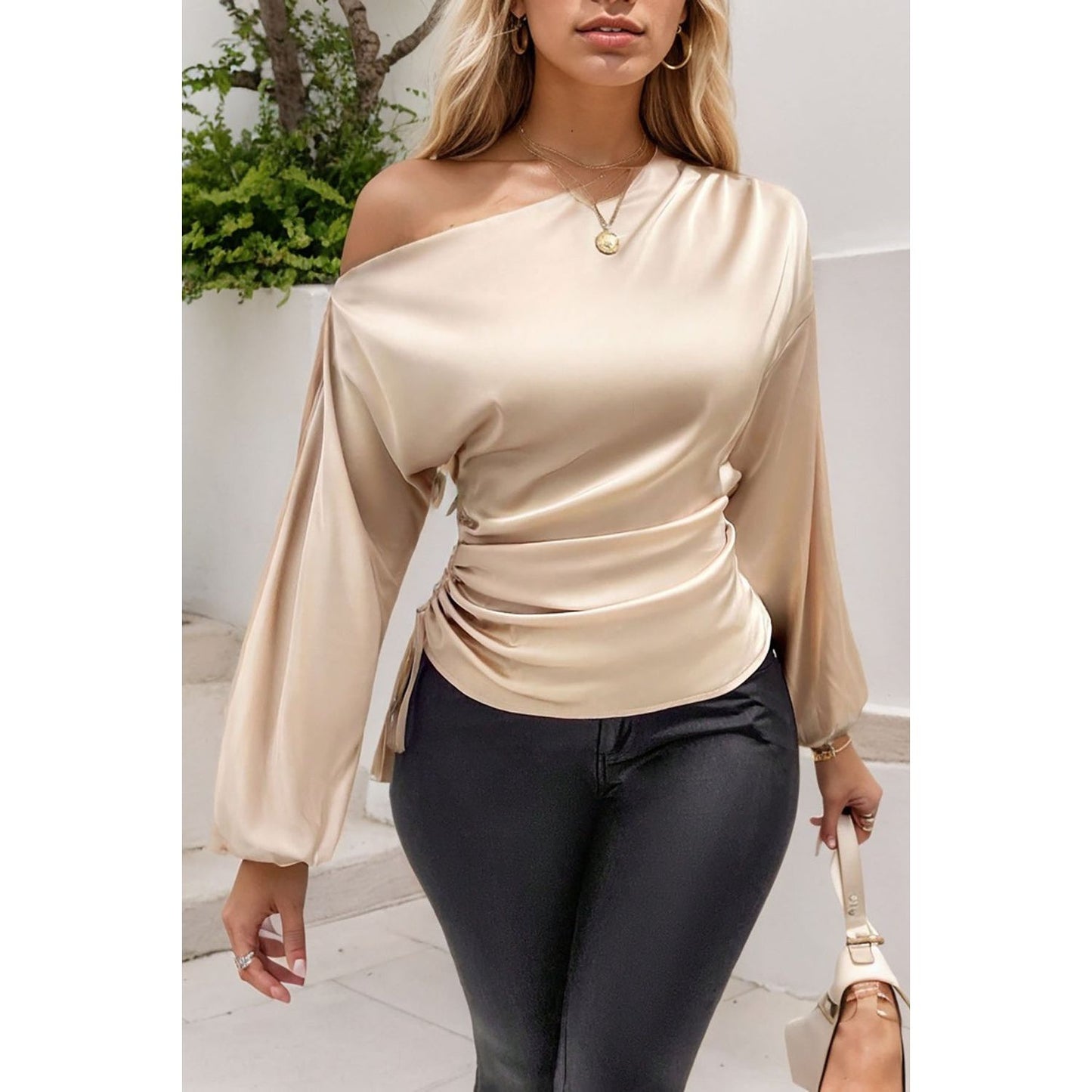 Drawstring One Shoulder Long Sleeve Blouse