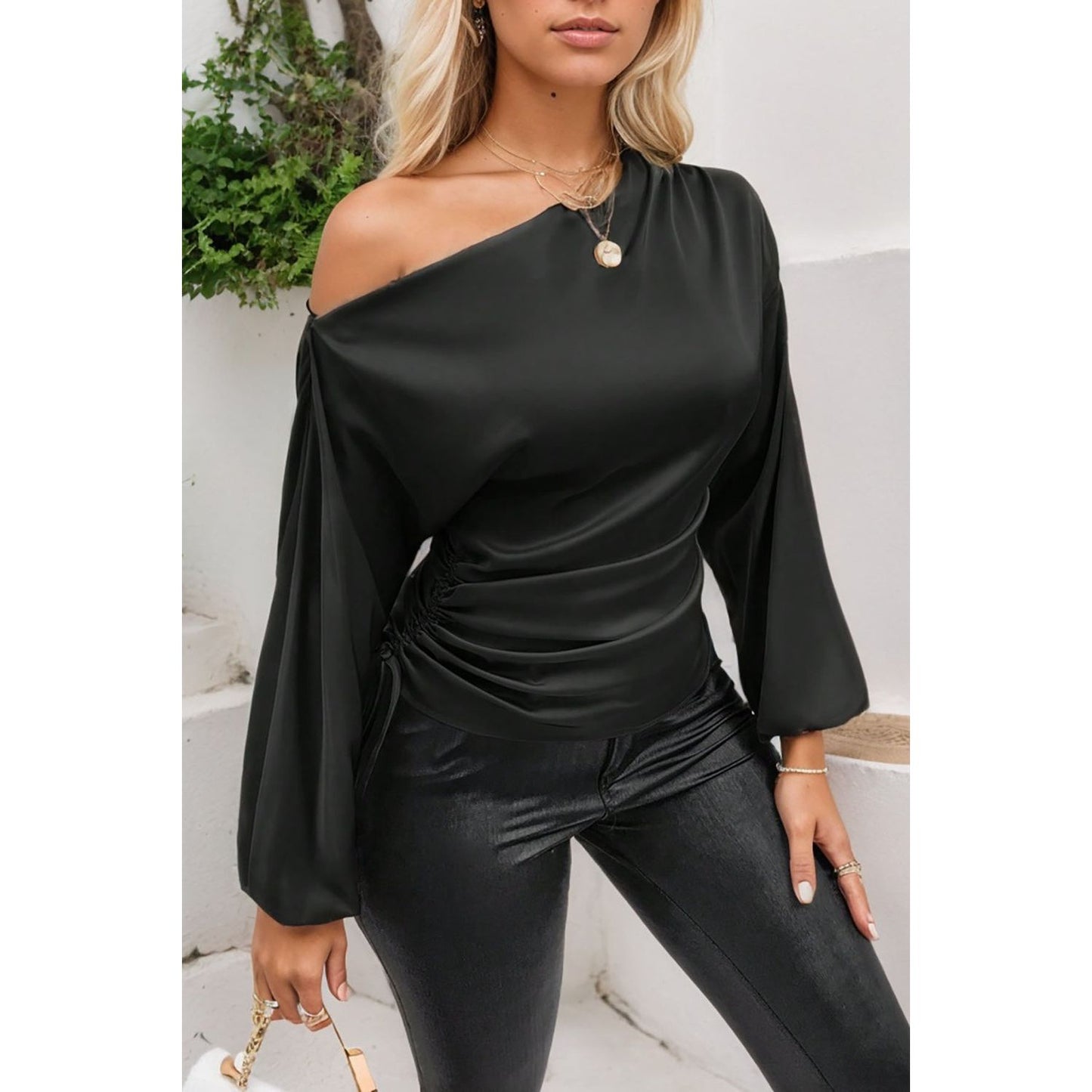 Drawstring One Shoulder Long Sleeve Blouse