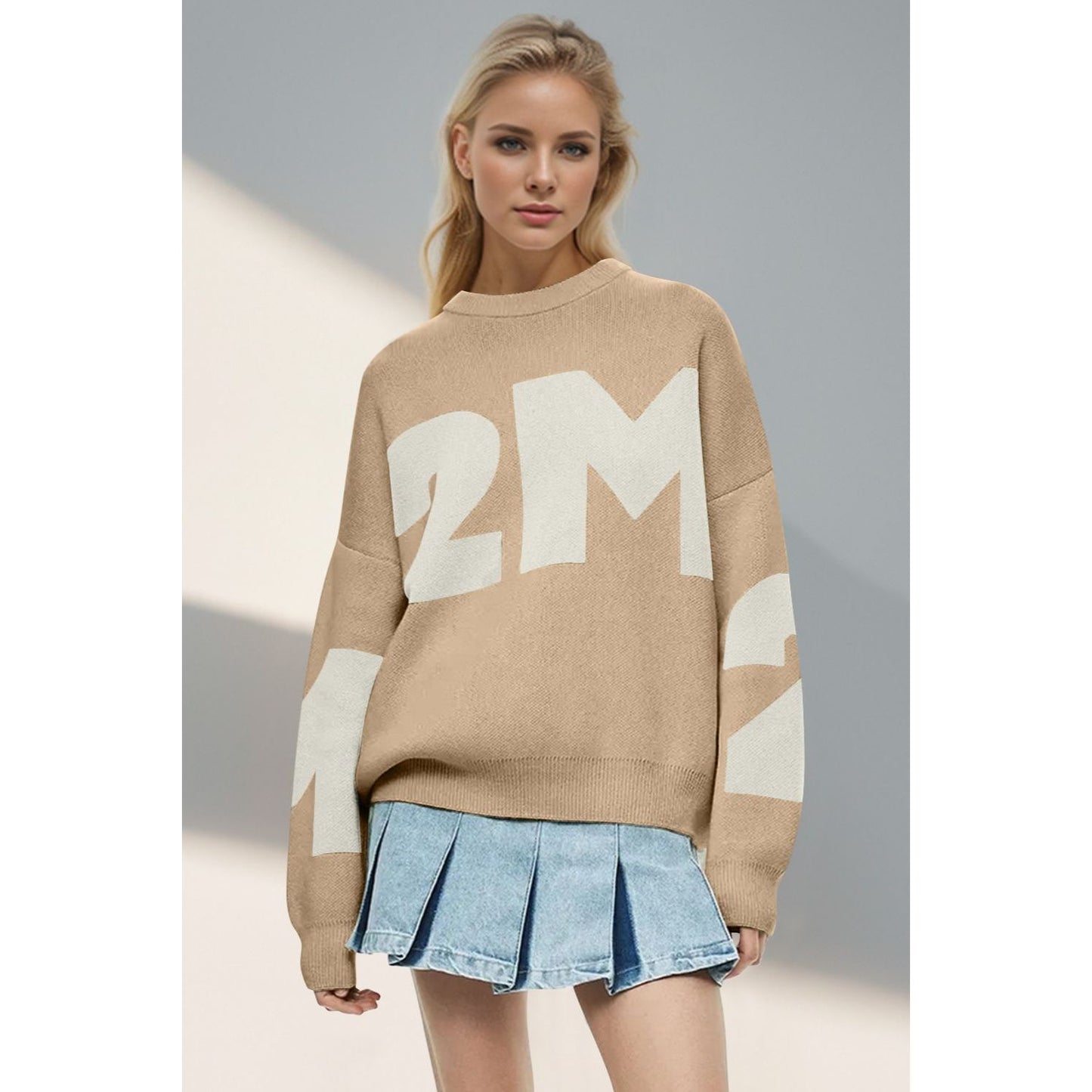 Basic Bae Contrast Letter Round Neck Long Sleeve Sweater