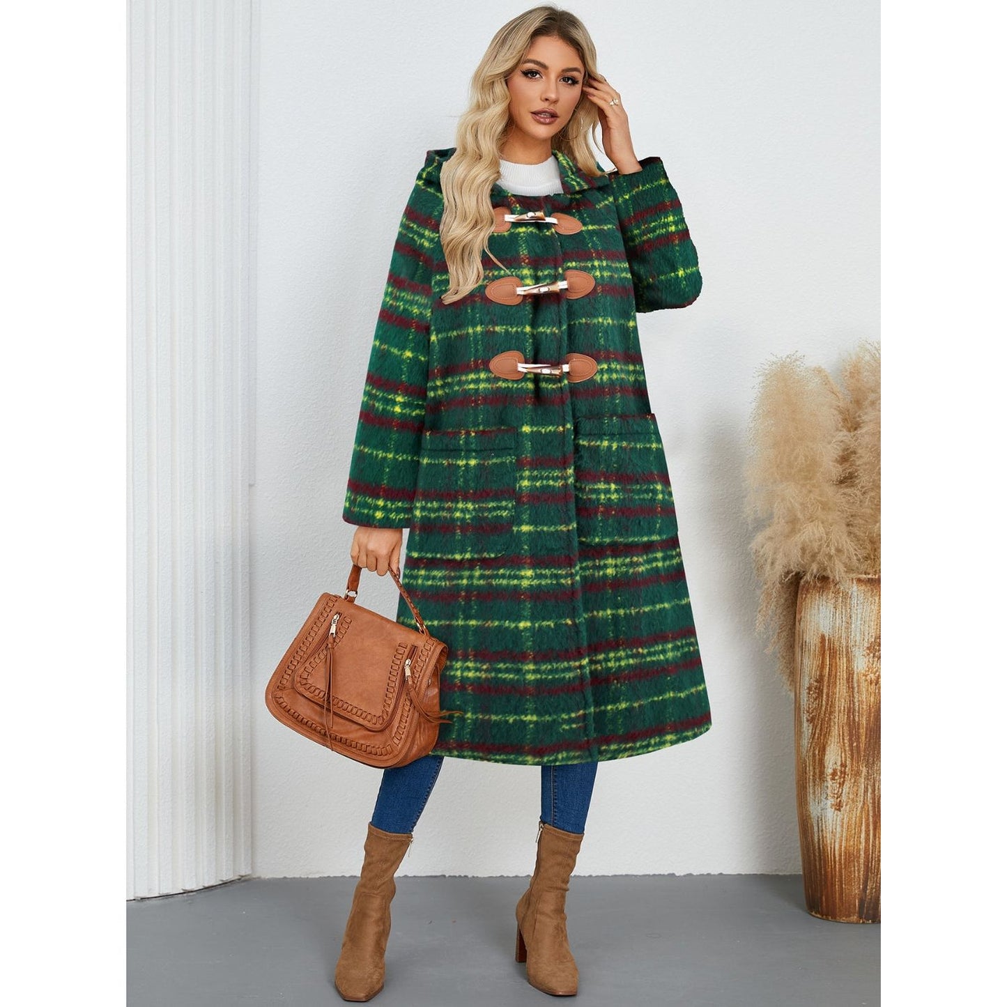 Plaid Long Sleeve Hooded Coat with Pockets