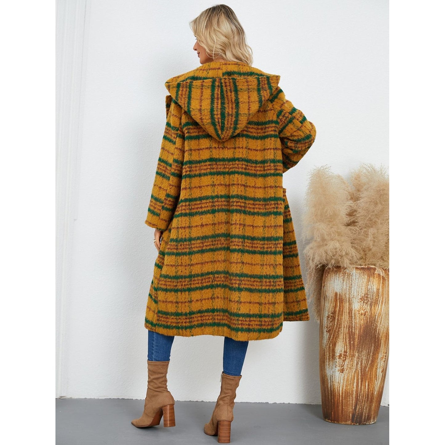 Plaid Long Sleeve Hooded Coat with Pockets