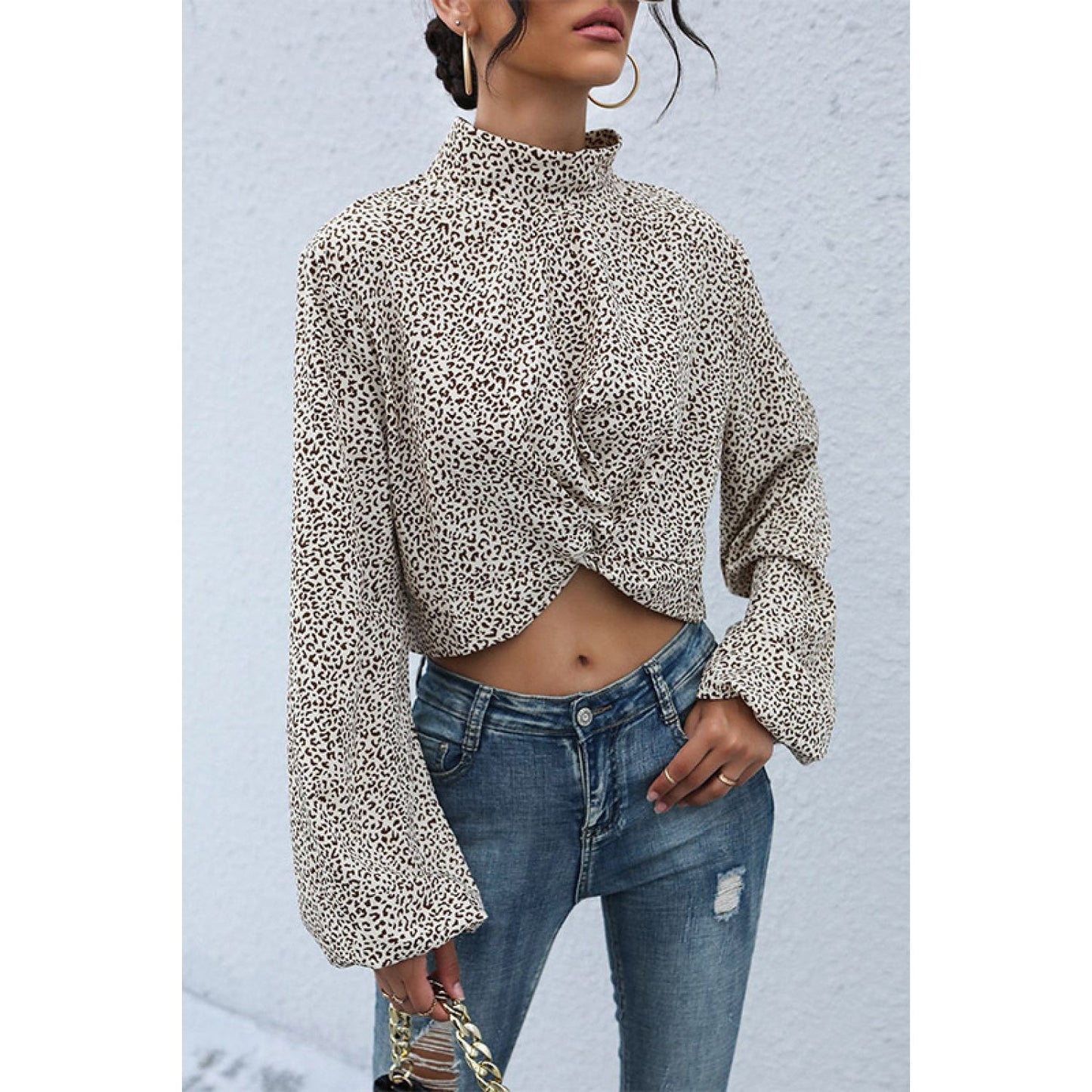 Perfee Leopard Print Mock Neck Crop Top