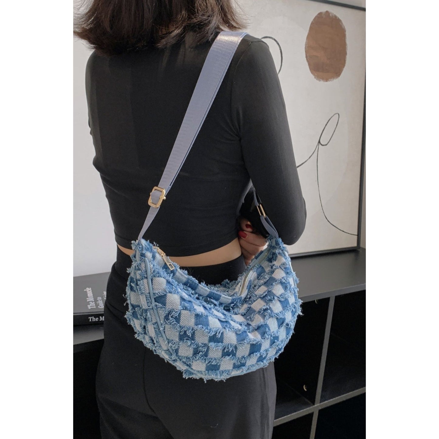 Raw Hem Checkered Denim Crossbody Bag